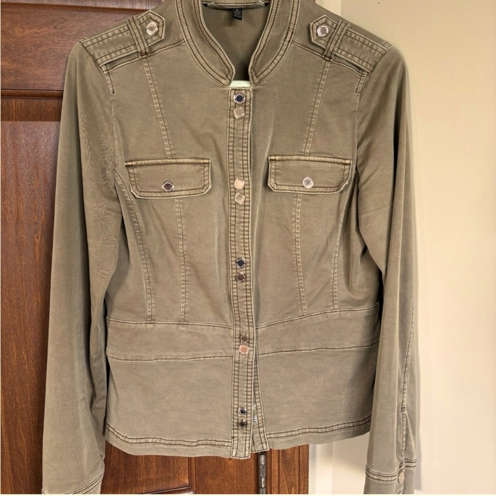 WHBM dark tan snap front jacket with peplum detail in back.